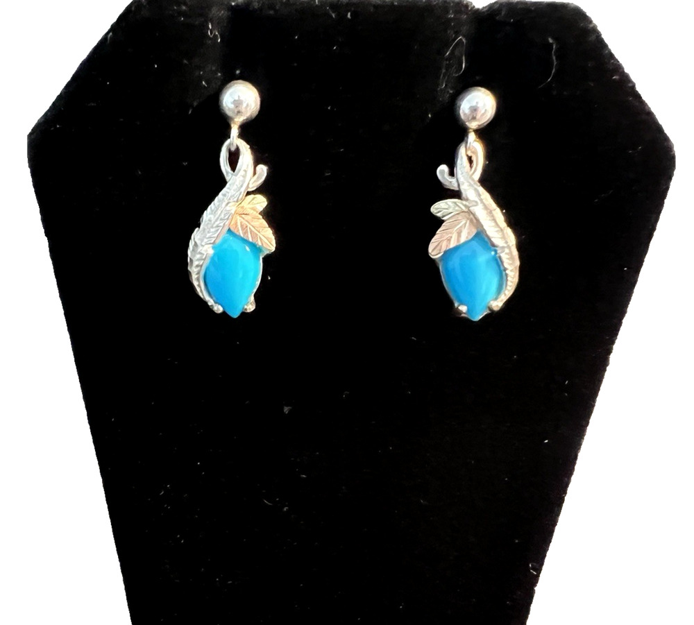 Coleman CCO Black Hills Gold Sterling Silver 12K Turquoise Feather Earrings